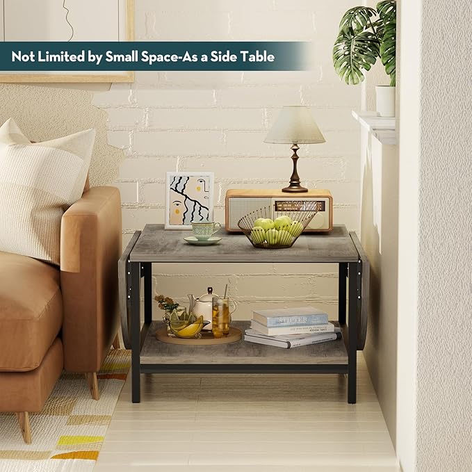 SAYGOER Coffee Tables for Living Room 2-Tier Extended Coffee Table with Storage Vintage Farmhouse Center Table for Large or Small Spaces, Foldable, Gray Wash