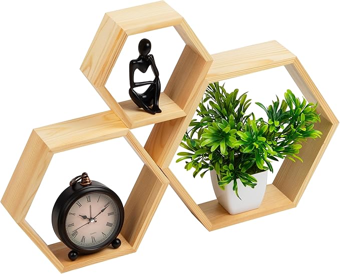 Mind Reader Hexagon Floating Shelves, Set of 3, Wall Decor, Honeycomb Accent Shelf, Cabinet Organizer, Office, Bamboo, 13.75" L x 3.125" W x 12" H, Brown