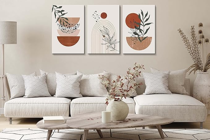 Boho Wall Art Prints,Boho Wall Decor, Mid Century Modern Wall Art,Set of 3 Prints, Abstract Geometric Prints Black Beige Terracotta Minimalist Art, Natural Framed Canvas Prints Artwork For Living Room