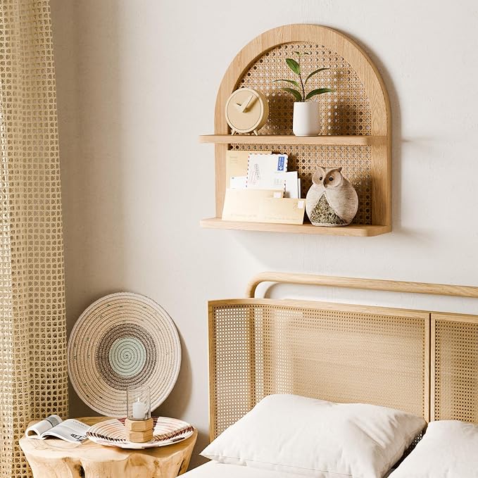 Rattan Wall Shelf Boho Nursery Decor, 2-Tier Arched Woven Natural Wood Wicker, 16''L Neutral Handcrafted Rattan Nursery Shelf, Decorative for Living Room, Bedroom & Bathroom