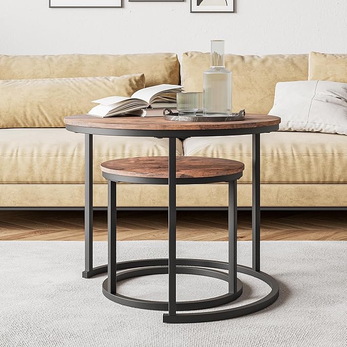 Round Coffee Table Set of 2 for Living Room,Black Small Coffee Table Living Room Table,Nesting Tables Metal Frame/Wood,Sturdy/Easy Assembly,Stacking Side Tables Bedroom,Rustic Brown