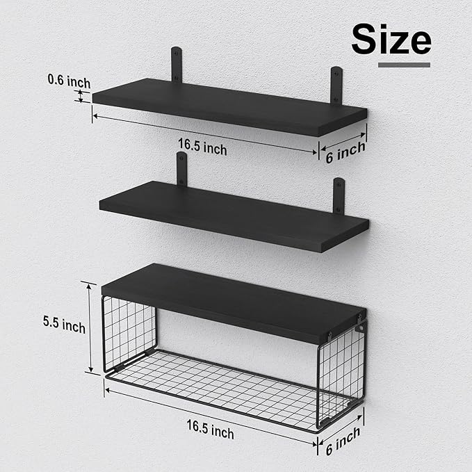 WOPITUES Bathroom Shelf Over Toilet, Floating Bathroom Shelf Wall Mounted with Wire Basket, Floating Shelf for Wall Décor-Black