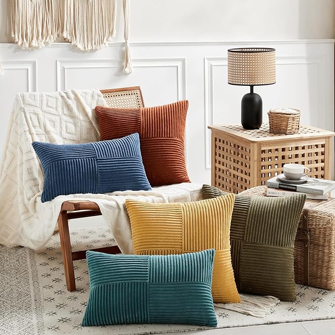 Fancy Homi 2 Packs Teal Long Lumbar Decorative Throw Pillow Covers 12x24 Inch for Couch Bed Sofa, Rustic Farmhouse Boho Home Decor, Soft Striped Corduroy Rectangle Accent Cushion Case 30x60 cm