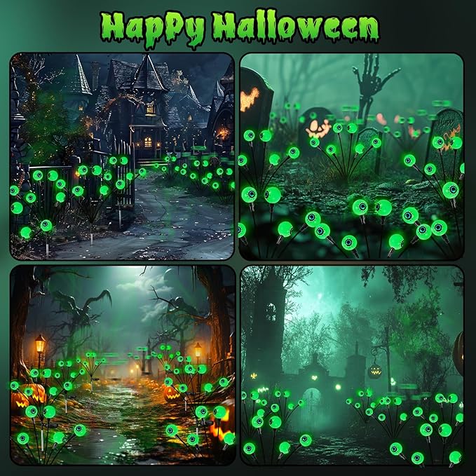 8Pack 48LED Green Solar Halloween Eyeball Lights Outdoor, Solar Garden Lights Outdoor Waterproof, Firefly Light Swaying by Wind with 2 Modes for Pathway Patio Yard Garden Halloween Decorations