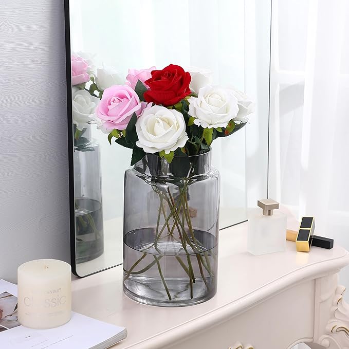 Large Glass Vase, 9 Inch Black Glass Vase, Large Flower Vases for Bouquet, Tall Wide Mouth Vases for Flowers, Home, Wedding, Living Room, Office Decor