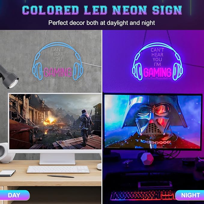 Gaming Neon Sign, Large Bright and Dimmable Colored LED Headset Gamer Neon Light and USB Powered Headphone Lightup Game Signs for Game Zone Video Room Boy Bedroom Wall Decor (Can't Hear You I'm Gaming)