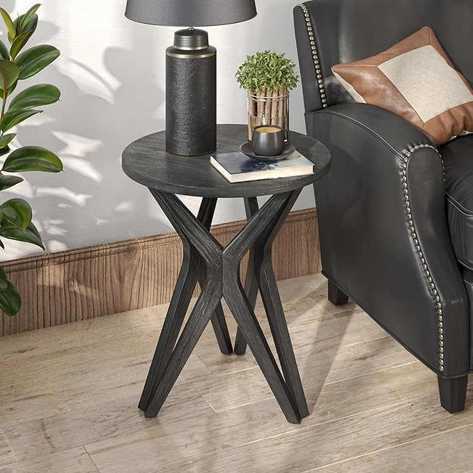 LONYKE Pedestal Farmhouse End Table, Distressed Top with Tripod Base Bedside Table for Living Room, Modern, Boho Decor, Round (1 Pack, Distressed Black)