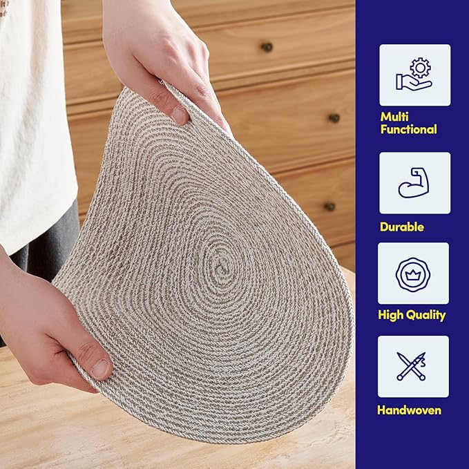 Round Placemats Set of 6-100% Cotton Two-Tone Placemat for Dining Table - Woven Braided Table Setting Place Mat - Washable Table Decor for Kitchen, Farmhouse, Rustic, Everyday Use, Gray