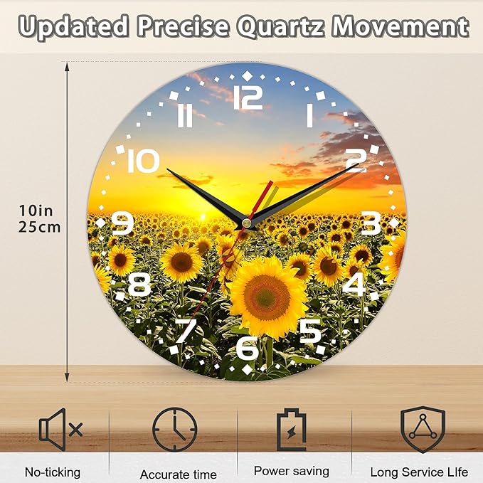 Clock for Living Room, Sunflowers Fields Under The Sunshine Wall Clock, Contemporary Home Decor Easy to Read Wall Clock for Living Room, Bedroom, Bathroom and Kitchen, 10 Inch