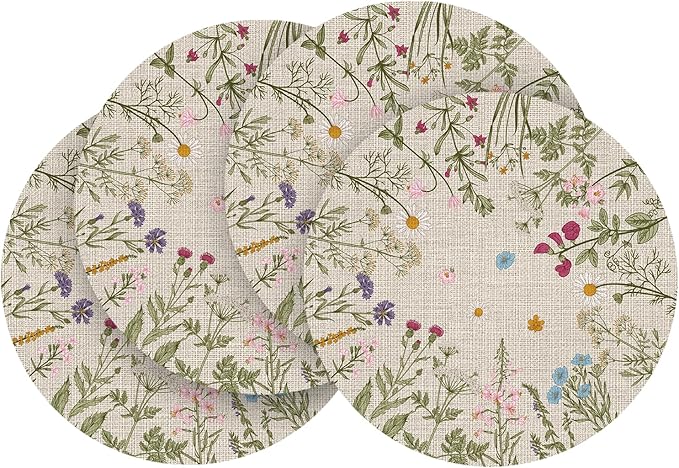Artoid Mode Wildflower Vinyl Round Placemats Set of 4, 14 Inch Washable Non-Slip Platic PVC Table Mats for Party Kitchen Dining Decor