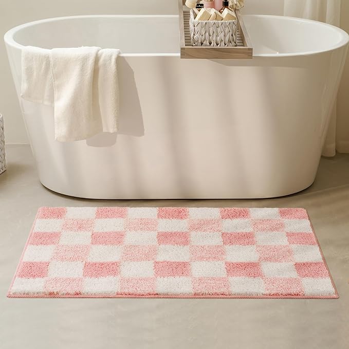 GRANNY SAYS Checkered Pink Bathroom Rugs, 36" x 24", Fluffy Rug, Absorbent Microfiber Ultra Soft Bath Mat Washable, Non-Slip Bath Mats for Bathroom, Cute Floor Mat for Tub, Shower, Bedroom