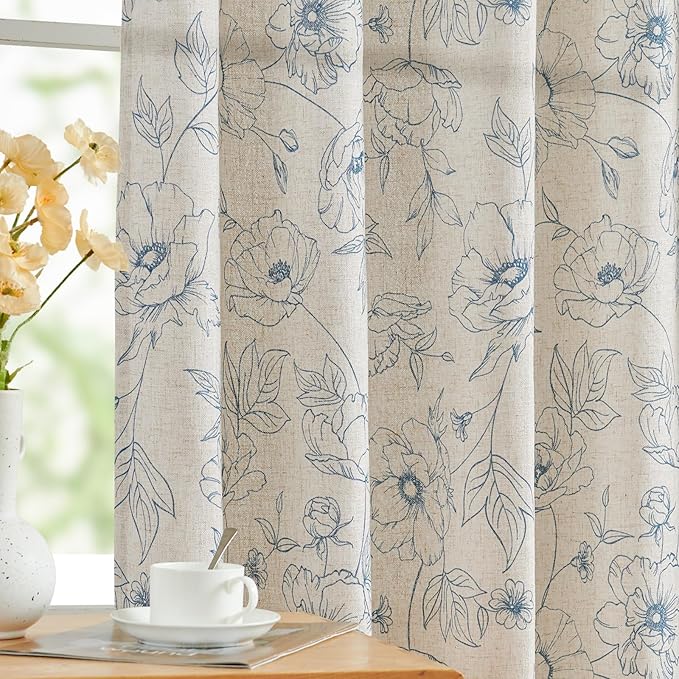 jinchan Floral Linen Curtains for Living Room 96 Inch Length Blue Flower Curtain Rod Pocket Back Tab Farmhouse Curtains with Printed Floral Bedroom Window Curtain Set, 2 Panels Blue