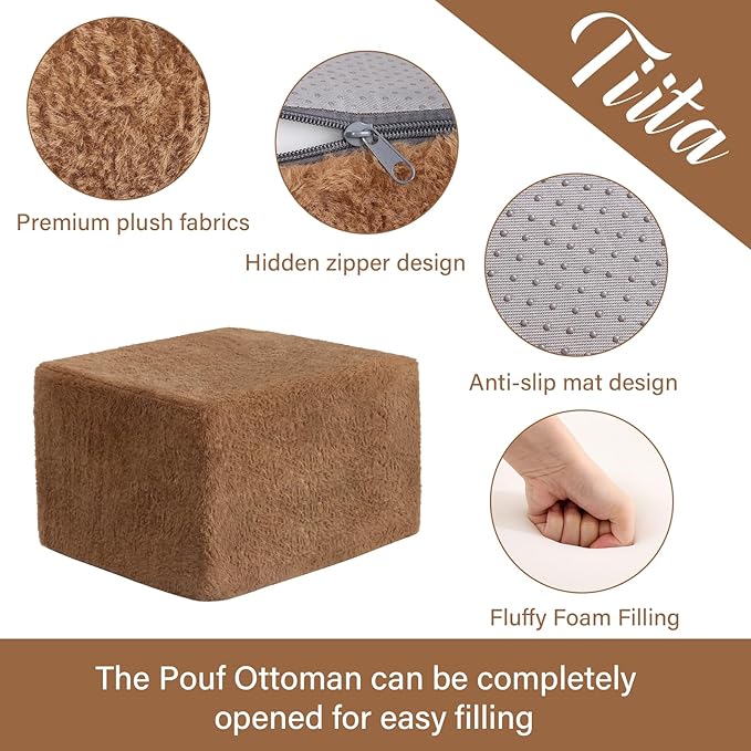 Tiita Pouf Ottoman and Foot Rest, Square Foam Stuffed Floor Pouf with Storag for Living Room, Brown