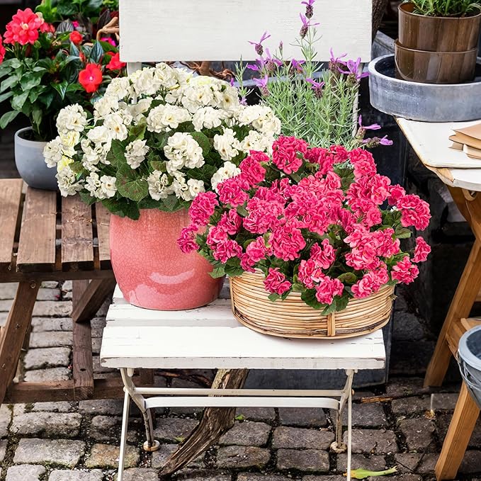 Plastic Flowers for Outdoors Home Decor Fake Plants Artificial Flowers Artificial Geraniums Outdoor Fake Flowers Silk Bouquet, Fall Decor for Interior Porch Garden Decor 14.4"(Rose Red) 8PCS
