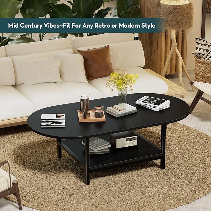SAYGOER Black Coffee Table Modern Extended Coffee Tables with Storage for Living Room 2-Tier Unique Center Table with Two Foldable Panel for Any Large or Small Space, All Black