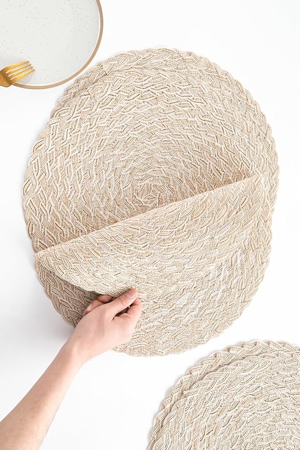 Floroom 15 Inch Round Braided Placemats Set of 4, Washable Heat Resistant Cotton Polyester Circle Boho Place Mats for Kitchen Dining Table - Canvas Beige