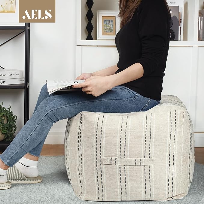AELS Unstuffed Farmhouse Pouf Cover for Living Room, Boho Storage Bean Bag Cubes, Beige with Gray Stitch Yarn Dyed Stripe Linen Square Ottoman Pouf Foot Rest Footstool, 18"x18"x18", Cover ONLY