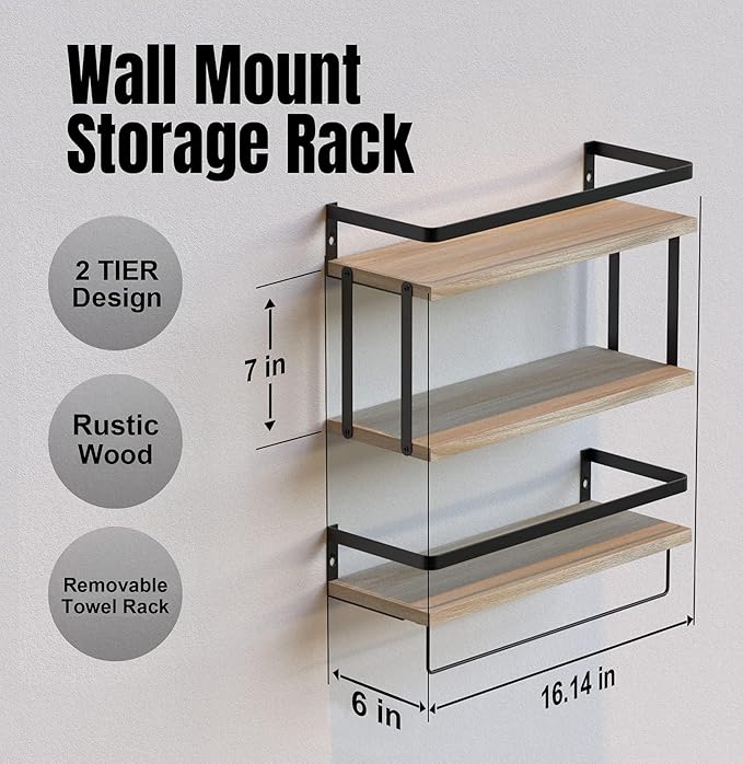 RICHER HOUSE 2+1 Tier Wall Mounted Floating Shelves Set of 2, Rustic Wood Wall Shelf with Metal Frame, Extra Storage Rack for Bathroom, Kitchen, Bedroom with Tissue Rack & Towel Bar - Rustic Wood
