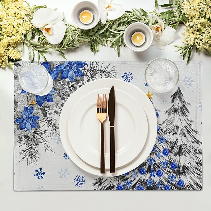 Giwawa Christmas Placemats Set of 4 Blue Grey Xmas Trees Balls Linen Place Mat 12"x18" Winter Poinsettia Floral Snowflakes Stain Resistant Table Mats for Kitchen Dining Holiday Party Decor
