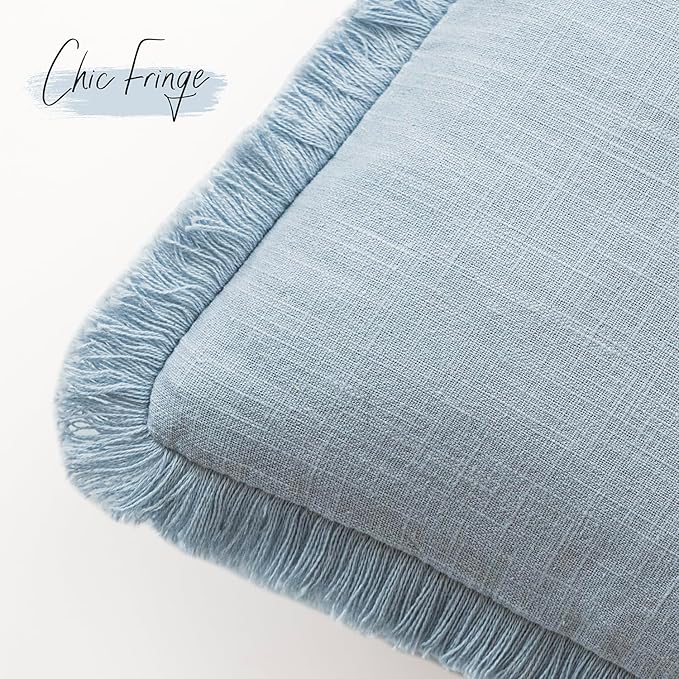 Foindtower Set of 2 Decorative Linen Fringe Throw Pillow Covers Boho Farmhouse Cushion Cover with Tassels Soft Accent Pillowcase for Couch Chair Sofa Bed Living Room Home Decor,16×16 Inch,Sky Blue