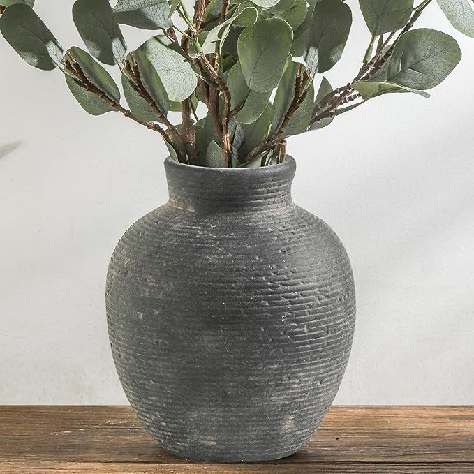 Ceramic Flower Vase Home Decor - Farmhouse Table Vases Rustic Vintage Living Room Kitchen Bedroom Decorations for House Book Shelf Office Coffee Desk Dining Fireplace (7.4" Black)