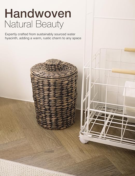 1.3 Gallons Wicker Waste Basket - Water Hyacinth Bathroom Trash Can - Garbage Can with Lid Boho Style - Wicker Trash Can with Lid for Bedroom, Kitchen - Removable Liner, Handwoven (Black color)