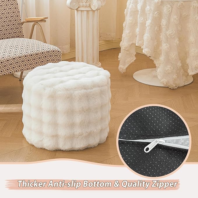 LIFEREVO Faux Rabbit Fur Round Inflatable Pouf Ottoman, 20 X 16 Waffle Bubble Fluffy Fuzzy Floor Poufs Foot Rest for Adults Kids Girls, Furry Pouf Chair Foot Stool Couch Home Decor, Anti-Slip, Beige