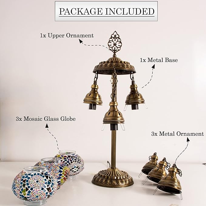 mozaist Tiffany Style Turkish Stained Glass Table Lamp, 3 Globe Mosaic Moroccan Desk Light, Bohemian Vintage Bedroom Nightstand, Antique Handmade Rustic Decor Colorful Lighting (Cappadocia Balloon)