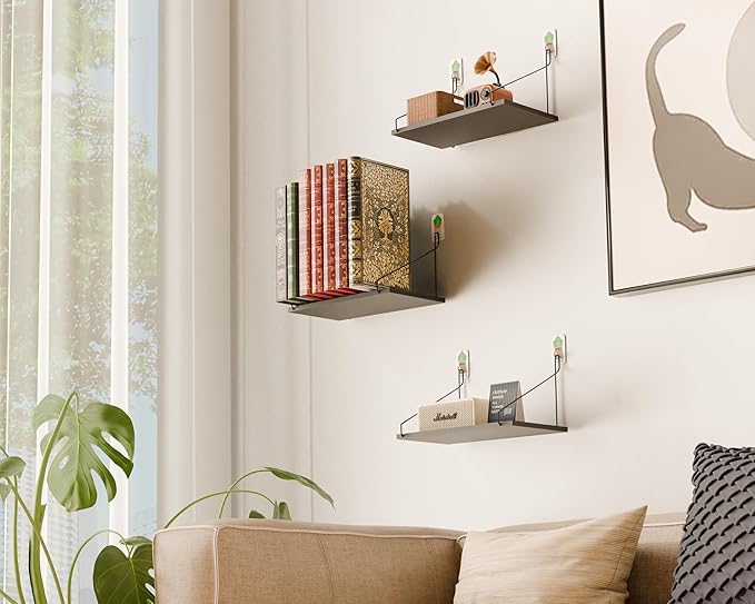 Elevate Your Space with Rustic Wood Floating Shelves Set of 3- Perfect for Bedroom, Living Room, Bathroom, and Kitchen Decor - Easy Installation, No Drilling Needed!