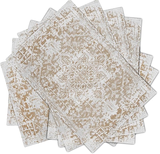 Gray Khaki Boho Placemats Set of 6 Ethnic Bohemian Carpet Place Mats Washable Kitchen Dining Vintage Grey Geography Floral Linen Table Mats Stain Heat-Resistant for Home Party Indoor 12x18 in