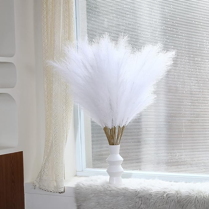 8 Pcs 45 inch Tall Faux Pampas Grass Decor, Large Artificial White Pompous Grass Bulk, Long Fake Pompas for Floor Vase Filler, Wedding, Baby Shower, Home and Boho Decor (White)