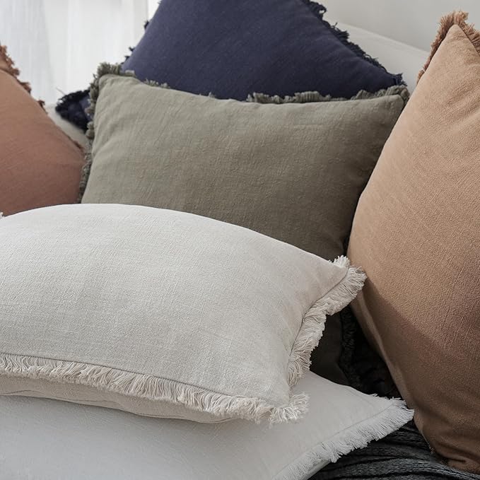 Foindtower Set of 2 Decorative Linen Fringe Throw Pillow Covers Cozy Boho Farmhouse Cushion Cover with Tassels Soft Accent Pillowcase for Couch Sofa Living Room Home Decor, 26×26 Inch, Natural Beige