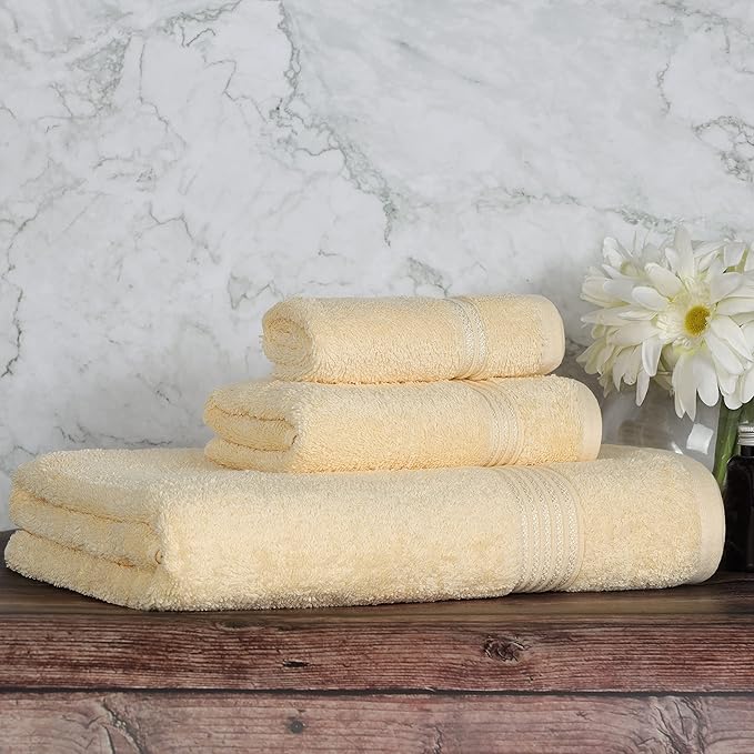 Superior Egyptian Cotton 3-Piece Towel Set, Basic Towels For Bathroom, Home Decor, Guest Bath, Shower, Apartment, Included 1 Face, 1 Hand, 1 Bath Towel, Washcloth, Quick Dry, Canary