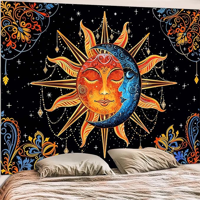Lunerfex Sun and Moon Tapestry Mandala Wall Tapestry, Cute Tapestries for Bedroom Ceiling Tapestries Wall Hanging for Bedroom Living Room Wall Decor Sun-1 60"x80"