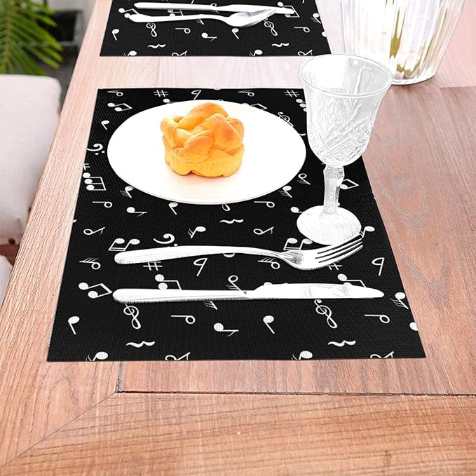 Music Notes Placemats Set of 4 Musicial Lover Dining Table Mats Washable Black Place Mats for Kitchen Dinner Parties Wedding Decorative Coffee Mat 12"x18"
