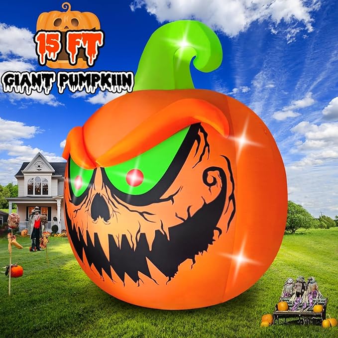 Kalolary 15 FT Giant Halloween Inflatable Pumpkin Outdoor Decorations Blow Up Yard Build-in LEDs for Halloween Outdoor Indoor Garden Lawn Yard Party Decor