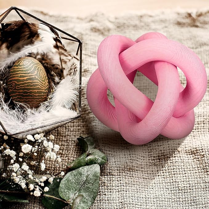 Yalikop 3 Link Wood Knot Decor - Hand Carved Coffee Table Decoration, Boho Chain Link Decor, Modern Shelf, Rustic Objects for Home Living Room Bedroom(Pea-Pink)
