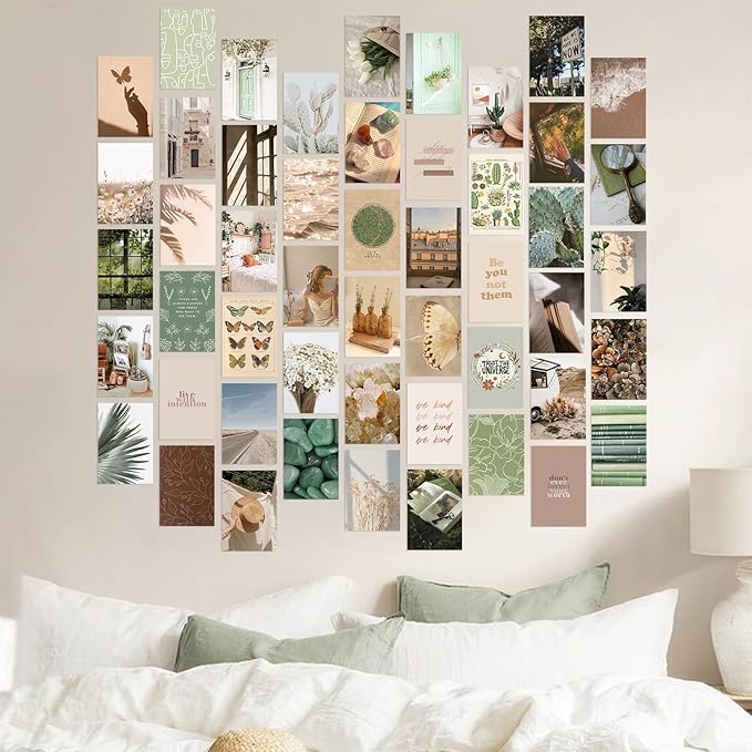 KOSKIMER Boho Wall Collage Kit Aesthetic Pictures, 50 Set 4x6 Inch, Earthy Room Decor Aesthetic, Saga Green Photo Collage Kit, Boho Posters for Teen Girl Dorm Bedroom, Trendy Collage Wall Decor
