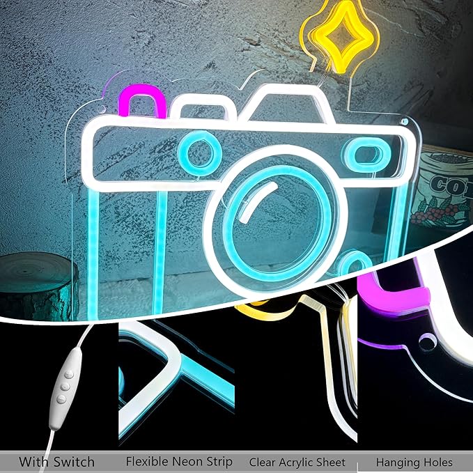 Camera Neon Sign, Dimmable USB Powered LED Cute Photography Studio Camera Neon Light, Camera Store Wall Art for Party Cafe Shop Photo Studio Living Room Decor Enthusiasts Birthday Gift (13.3*12.2in)