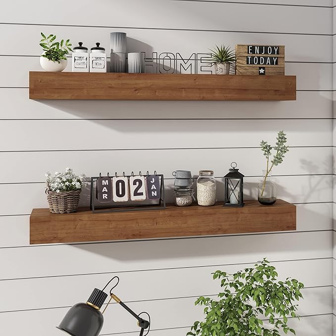 Wall Floating Shelves, Rustic Wood Shelf for Wall Mounted - Wooden Handmade Shelves for Bathroom Kitchen Livingroom(Walnut, 36 Inch - 2 Pack)