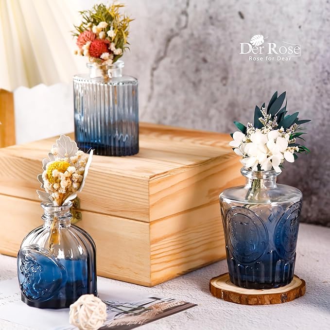 Der Rose Bud Vases in Bulk Glass Vase for Centerpieces Set of 12 Small Flower Vases Mini Vintage Vases for Rustic Wedding, Home Table Decorations (Blue)