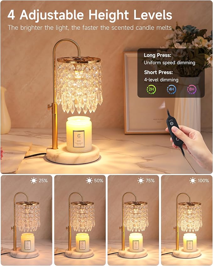 Minimalist Crystal Candle Warmer with Timer Dimmer and 3 Bulbs, Adjustable Height Marble Base for Jar Candles, Ideal House Warming Gift