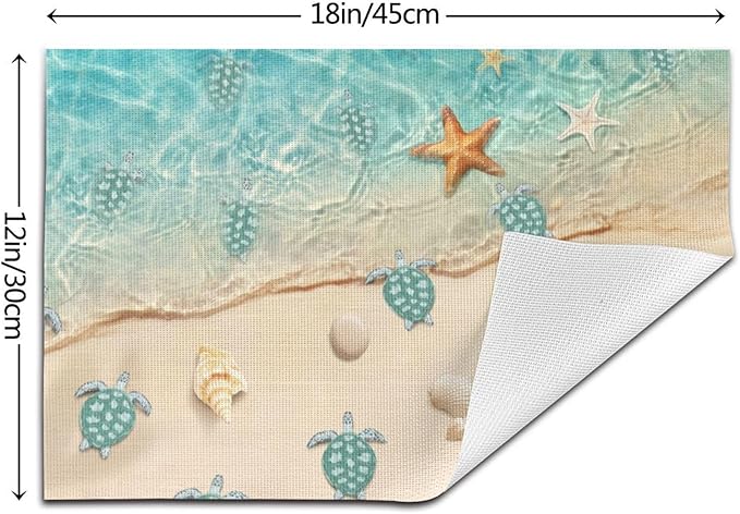 Sea Turtles Beach Placemats Set of 4 Linen Washable Non-Slip Heat-Resistant Teal Nautical Decorative Kitchen Table Mats for Dining Outdoor Home Decor 12x18 Inch