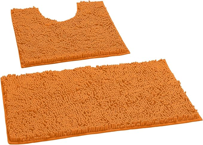 LuxUrux Bathroom Rugs Sets 2 Piece: Quick Dry, Soft Plush Anti-Slip, Super Absorbent. Includes Rectangular (31x20 inches) & U-Shaped Toilet Mat (20x20 inches) | Orange