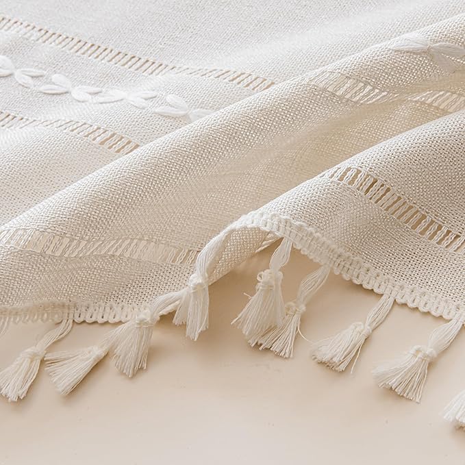 Sutuo Home Ivory Boho Curtain 52W x 36L inch White Striped Light Filtering Short Valance Tier, 1 Panel Embroidery Bohemian Farmhouse Country Kitchen Window Treatment Decor for Small Closet