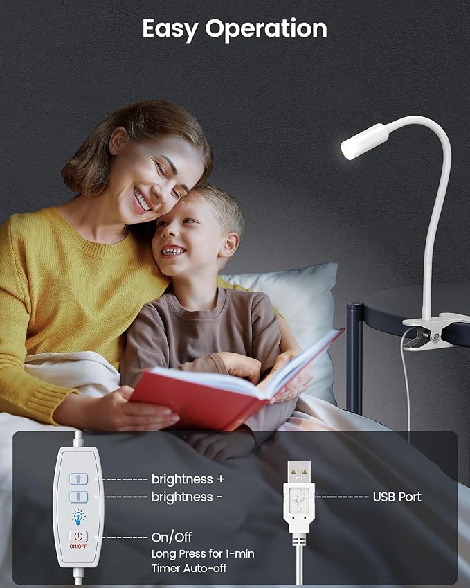 Glocusent Clip on Light: 10 Brightness Levels from 20 to 180LM LED Reading Light with Clamp and Flexible Gooseneck - Eye Caring Book Lights for Reading at Night, Clip on Desk Bed Headboard