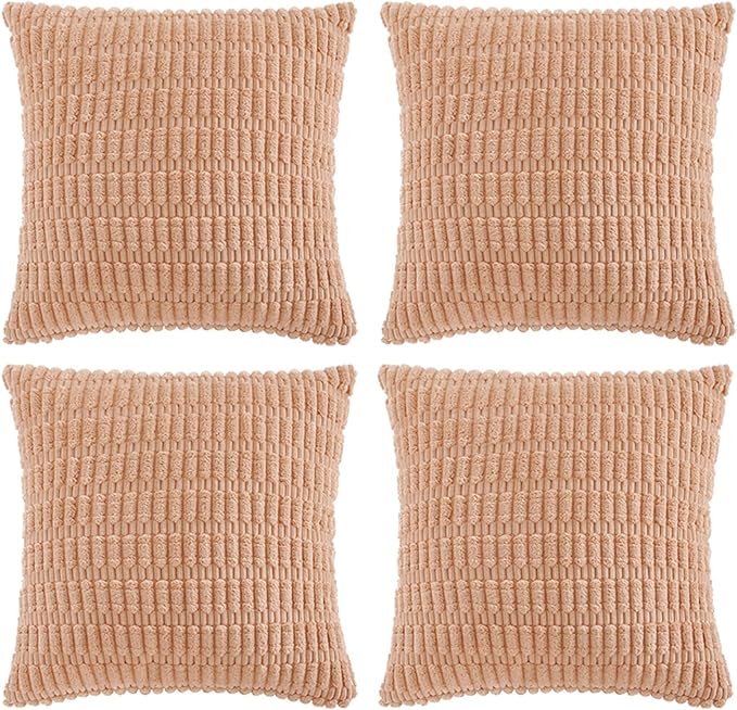 Fancy Homi 4 Packs Peach Decorative Throw Pillow Covers 24x24 Inch for Living Room Couch Bed, Rustic Modern Farmhouse Boho Home Decor, Soft Plush Corduroy Cute Square Accent Cushion Case 60x60 cm