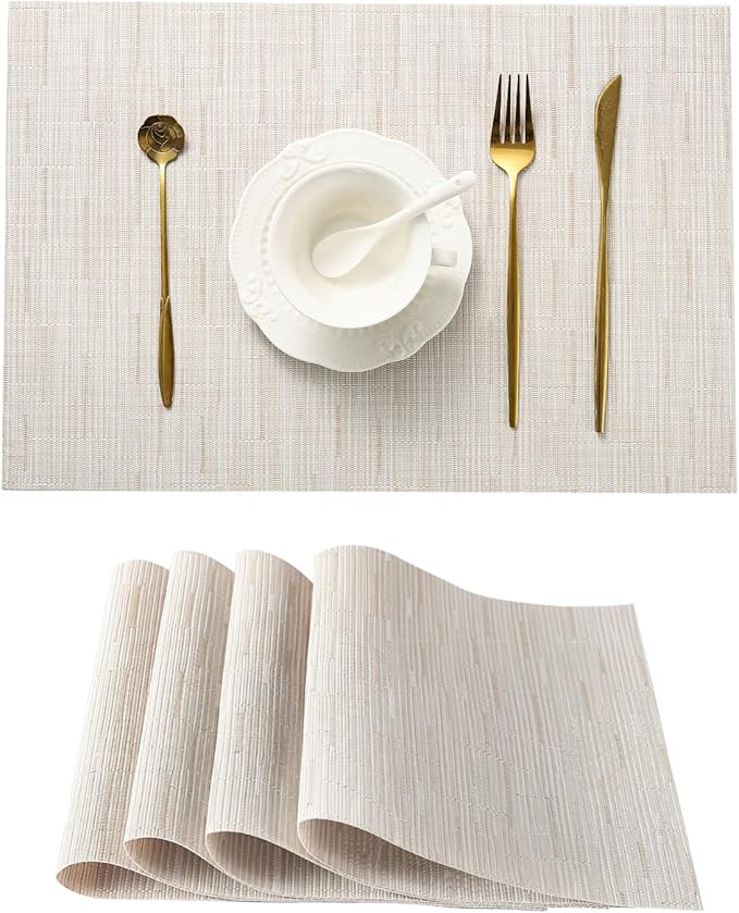 Leetaltree Pale Beige Placemats Set of 4 - Heat Resistant Non-Slip Place mats for Dining Table, Washable Durable PVC Vinyl Woven Table Mats(Pale Beige, 4)