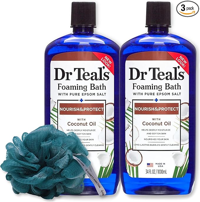 Coconut Oil Foaming Bath 34oz (2 Bottles) with Variety Junction Premium Sponge - Ultra-Moisturizing, Relaxing & Nourishing, Bubble Bath, Soaking Bath