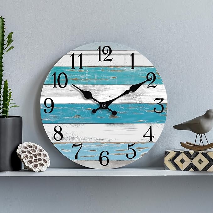 Wall Clock Battery Operated 14 Inch Outdoor Large Beach Style Blue Coastal Retro Silent Non Ticking Decorative for Bathroom Kitchen Living Room Bedroom